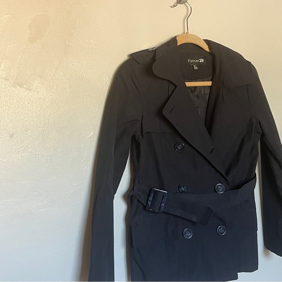 Forever 21 F21 Navy Blue Short Trench Raincoat Jacket w Belt, Size Small - Picture 4 of 10